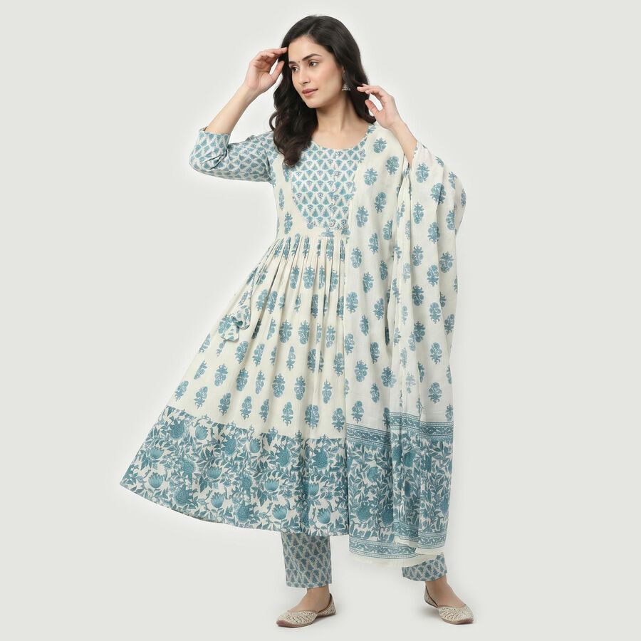 Women's Light Blue Cotton Floral Printed Ethnic Set, Light Blue, large