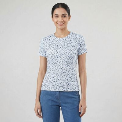 Women's Blue Cotton Blend Round Neck Casual T-Shirt