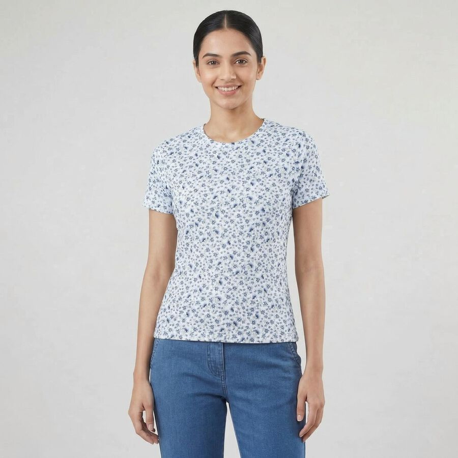 Women's Blue Cotton Blend Round Neck Casual T-Shirt, Blue, large