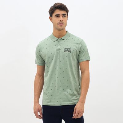 Men's Light Sage Green Cotton Polo Neck Printed T-Shirt