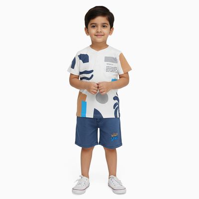 Boys' Off White Cotton Henley Neck Printed Baba Suit