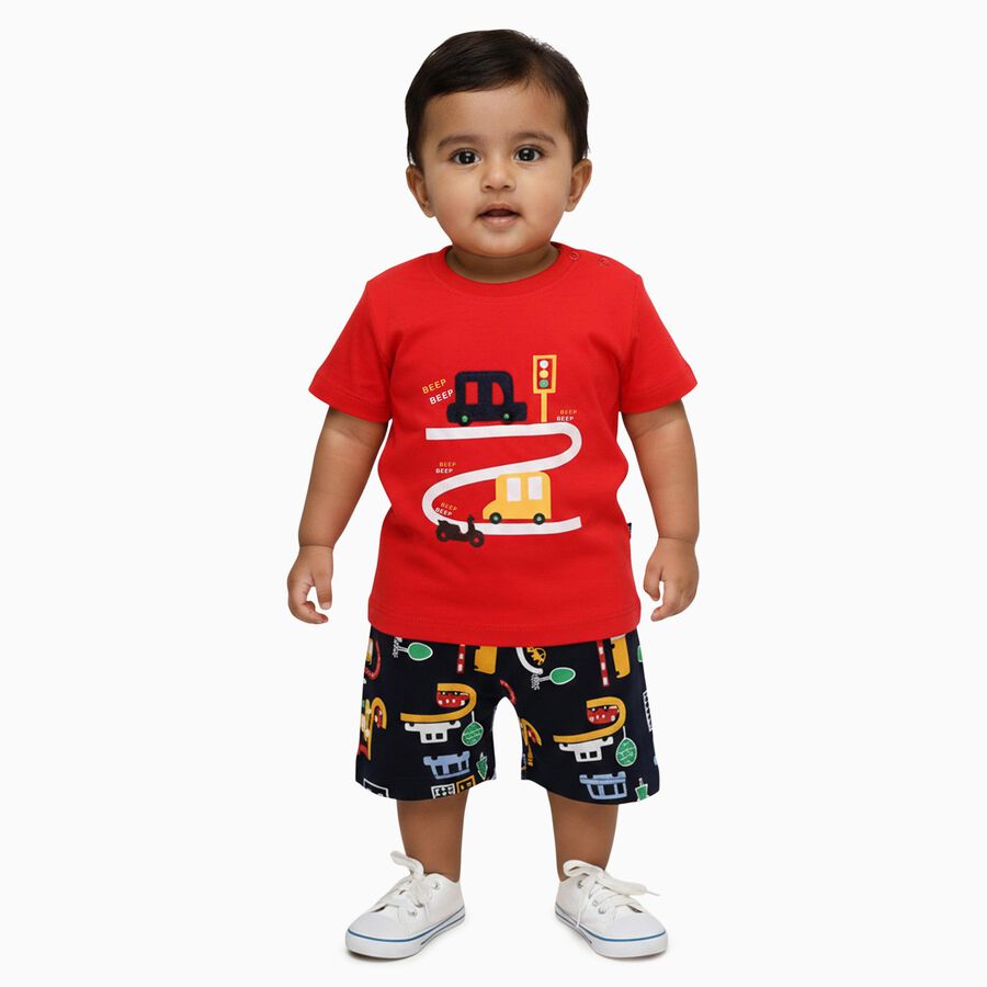 Infants' Red Cotton Round Neck Printed Baba Suit, Red, large