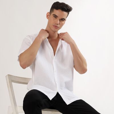 Men's Snow White Cotton Half Sleeve Cuban Collar Casual Shirt