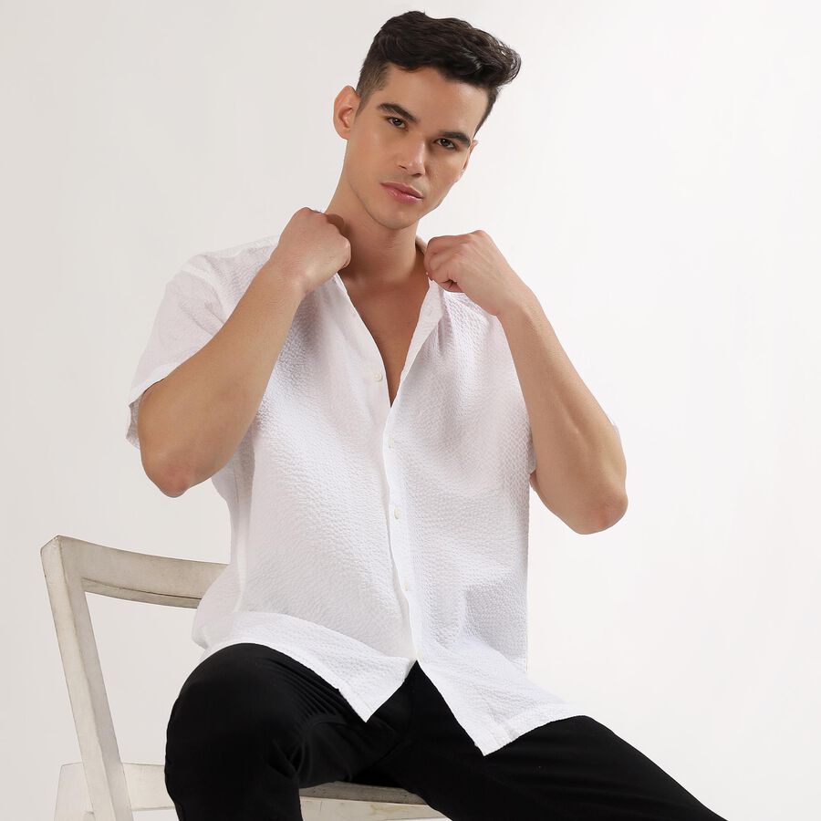 Men's Snow White Cotton Half Sleeve Cuban Collar Casual Shirt, White, large image number null