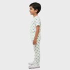 Boys White Cotton Round Neck Star Printed Night Suit, सफ़ेद, small