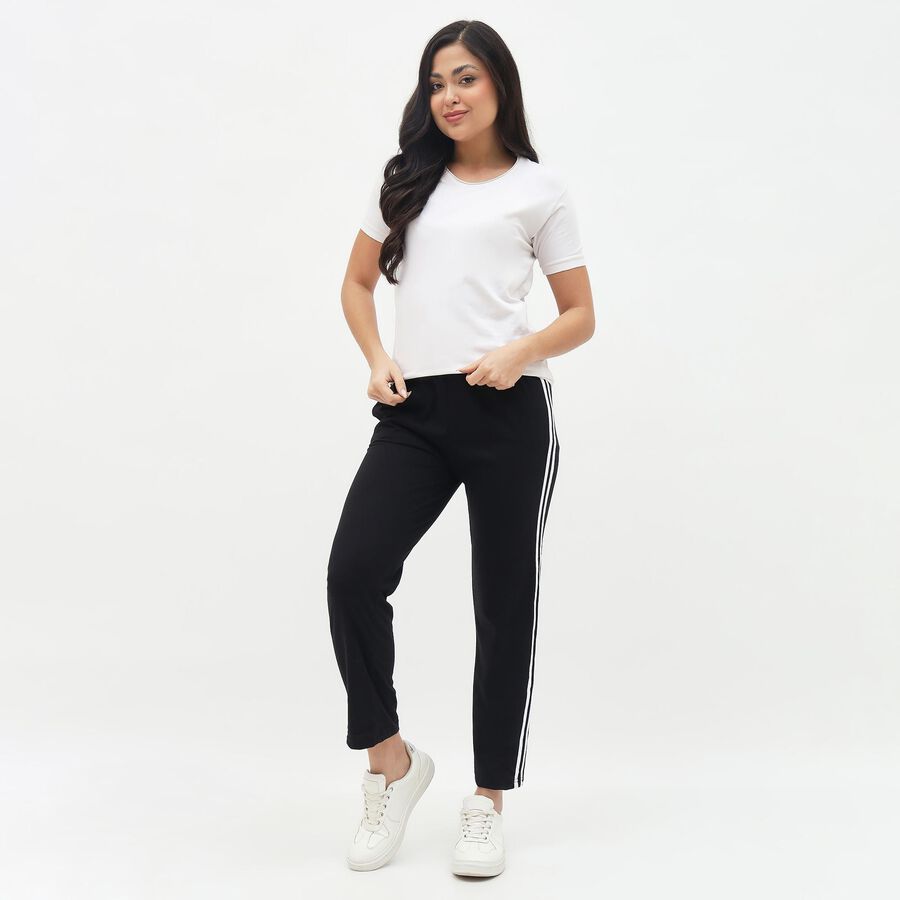 Women's Jet Black Straight-Leg Side-Striped Track Pants, काला, large