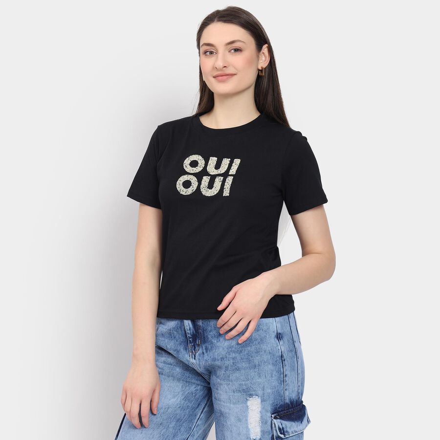 Ladies' 100% Cotton Round Neck T-Shirt, Black, large