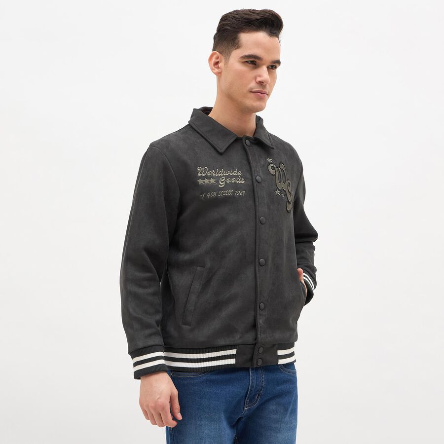 Men's Dark Charcoal Black Classic Varsity Jacket, गहरा हरा, large image number null