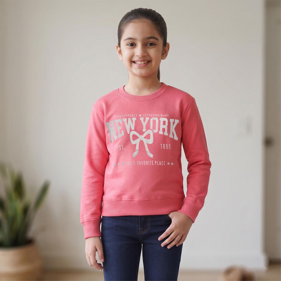 Girls' Pink Round Neck Graphic Pullover Sweatshirt, Pink, large