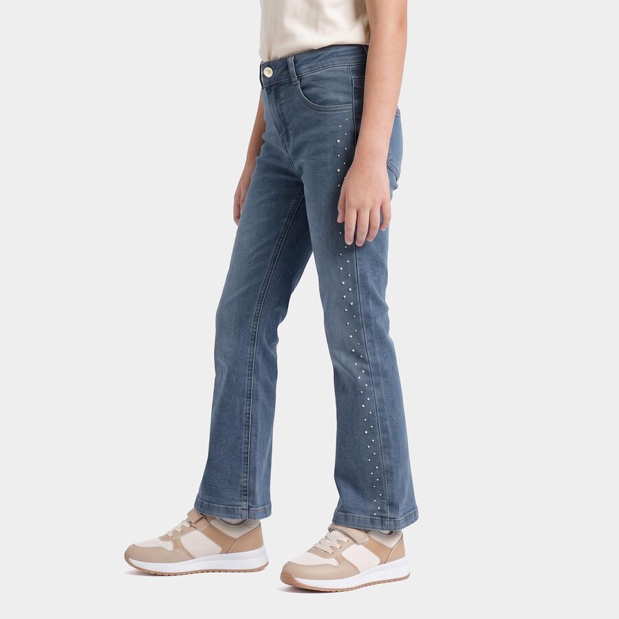 Girls Blue Bootcut Fit Studded Jeans, Melange Blue, large