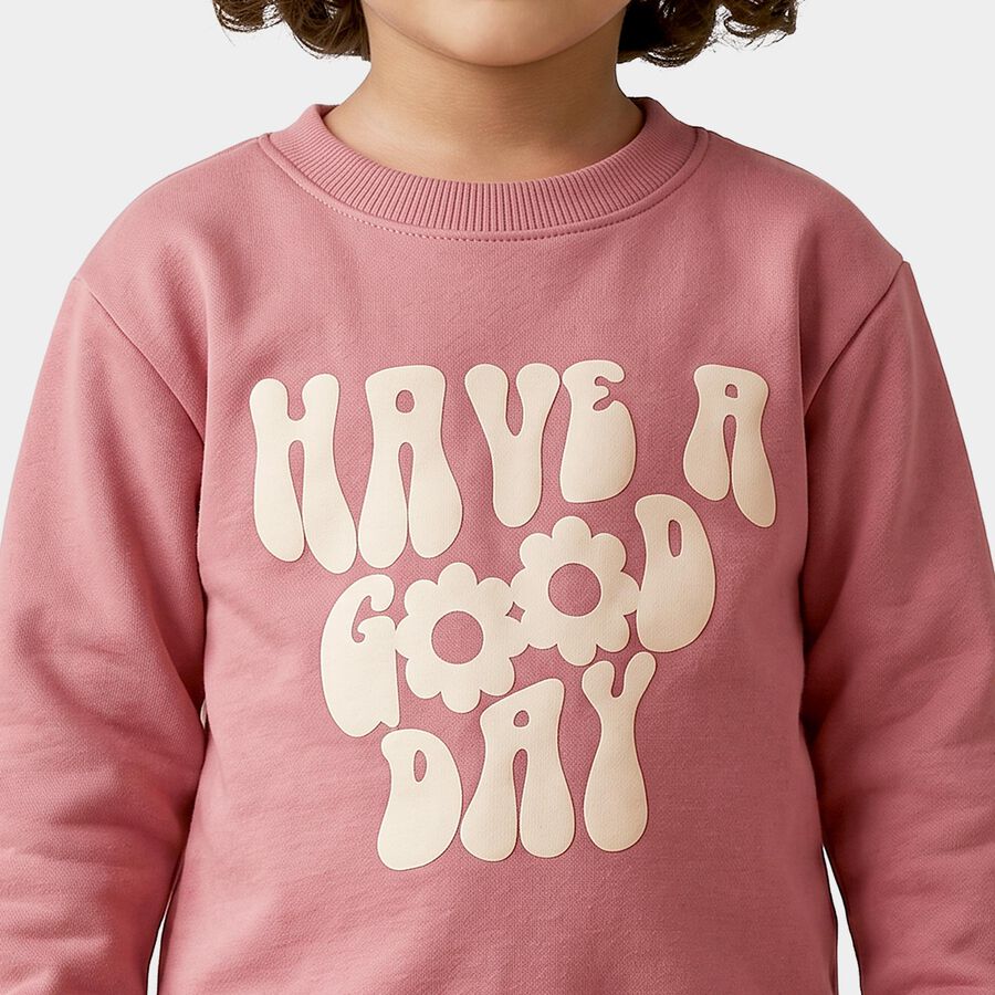 Girls' Pink Crew Neck Printed Sweatshirt, हल्का गुलाबी, large