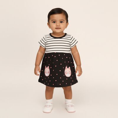 Infants' Black and White Striped Cotton Cat Print Frock
