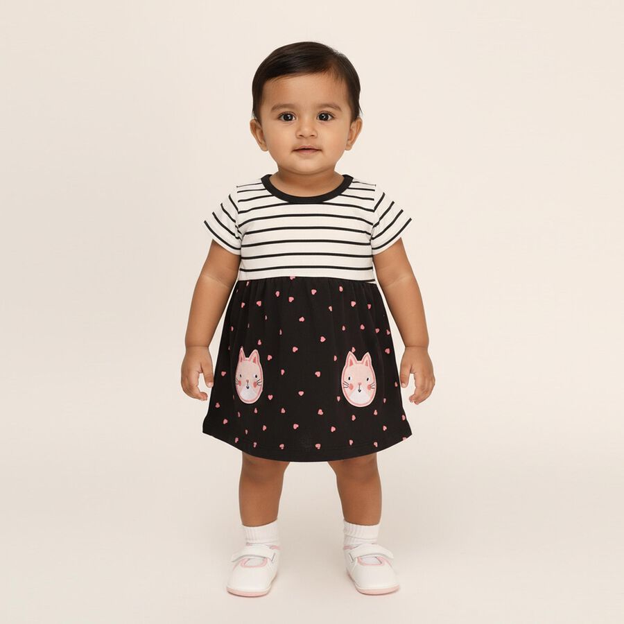 Infants' Black and White Striped Cotton Cat Print Frock, Dark Grey, large image number null