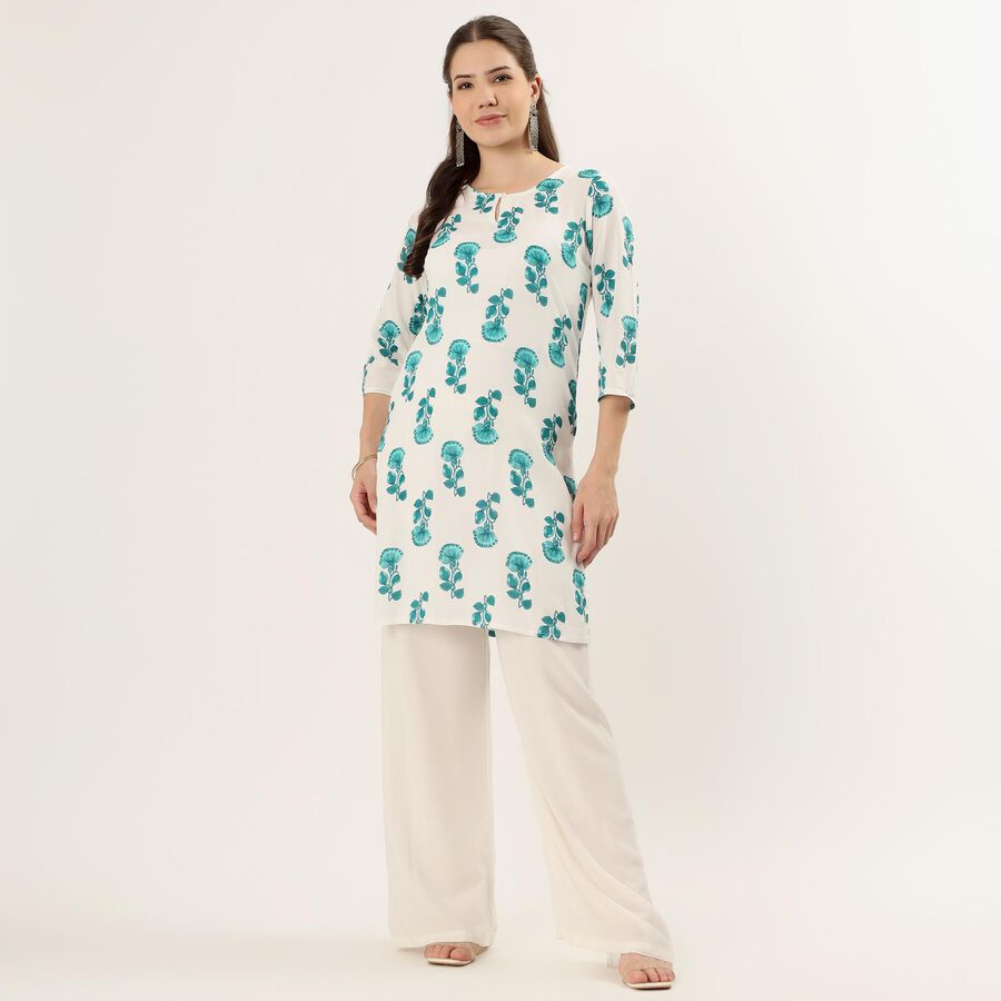 Women's Teal Notch Neck Floral Printed Kurta, एक्वा, large