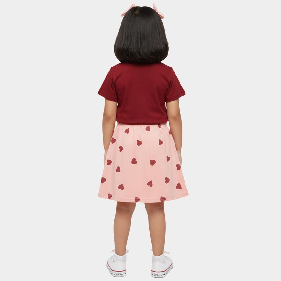 Girls' Maroon Short Sleeve Top and Pink Heart Print Skirt Set, Maroon, large