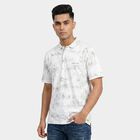 Men's Grey Cotton Polo Neck Abstract Printed T-Shirt, हल्का ग्रे, small