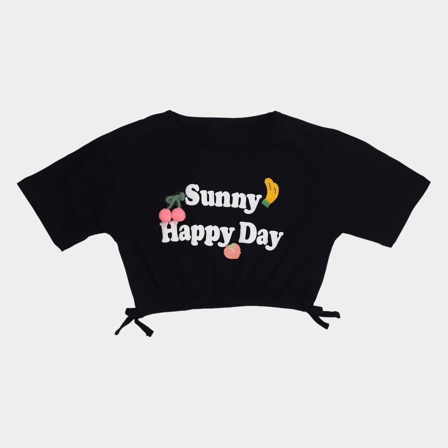 Girls' Navy Blue Cotton Round Neck Casual T-Shirt, नेवी ब्लू, large