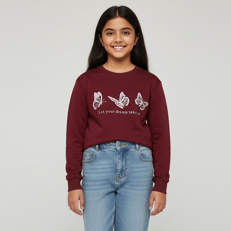 Girls Deep Burgundy Crew Neck Casual Sweatshirt, Wine, large image number null