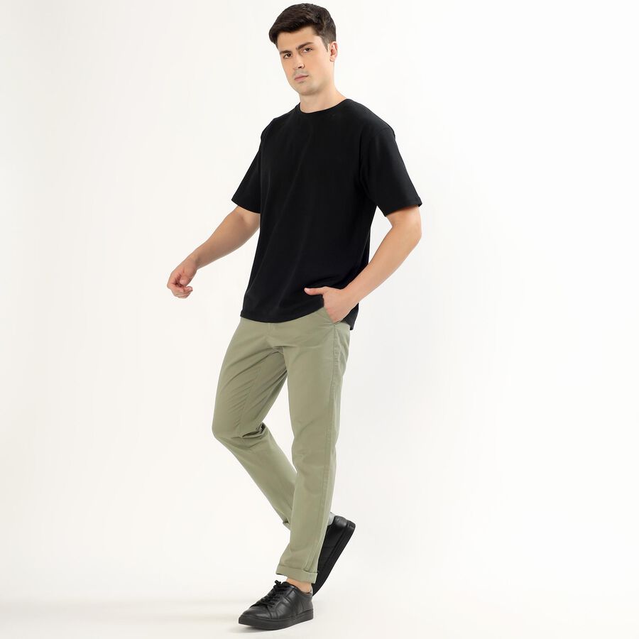 Men's Muted Sage Green Slim Fit Flat-Front Casual Trousers, Light Green, large