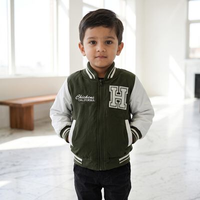 Boys Olive Green Stand Collar Varsity Jacket