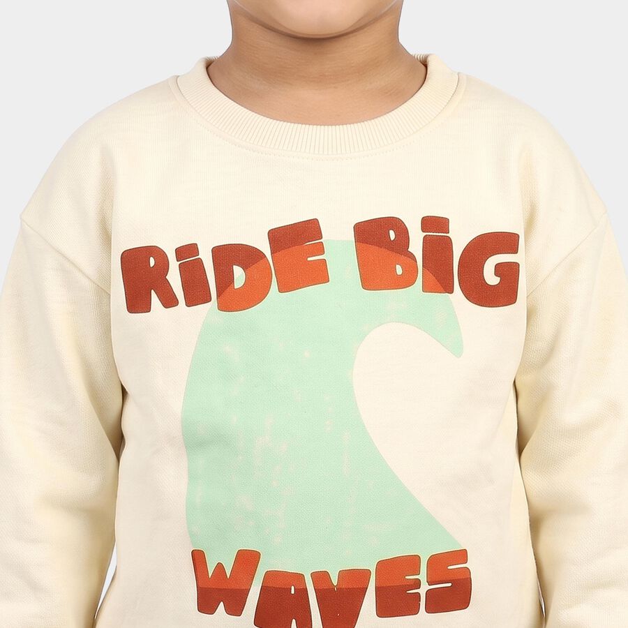 Boys' Cream Crew Neck Pullover Sweatshirt, Off White, large