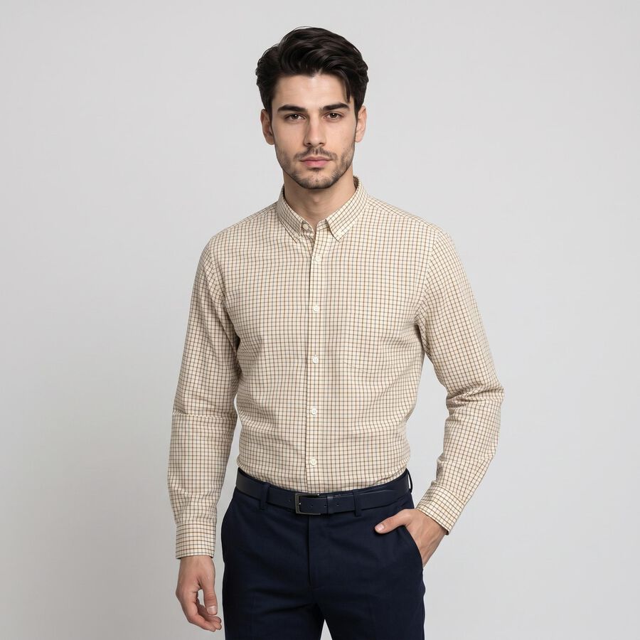 Men's Beige Checked Formal Shirt, Beige, large
