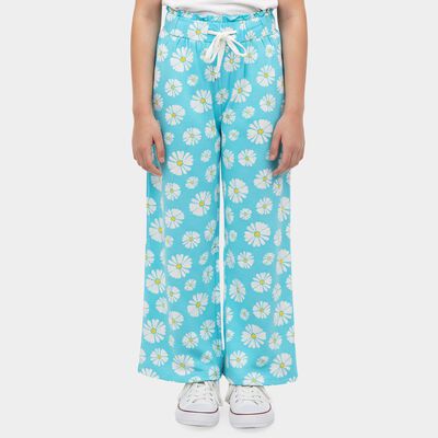 Girls' Light Green Straight Fit Floral Printed Cotton Blend Pyjama