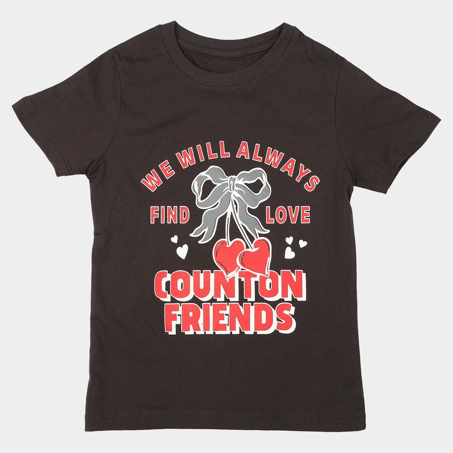 Girls Black Cotton Round Neck Regular T-Shirt, चारकोल, large