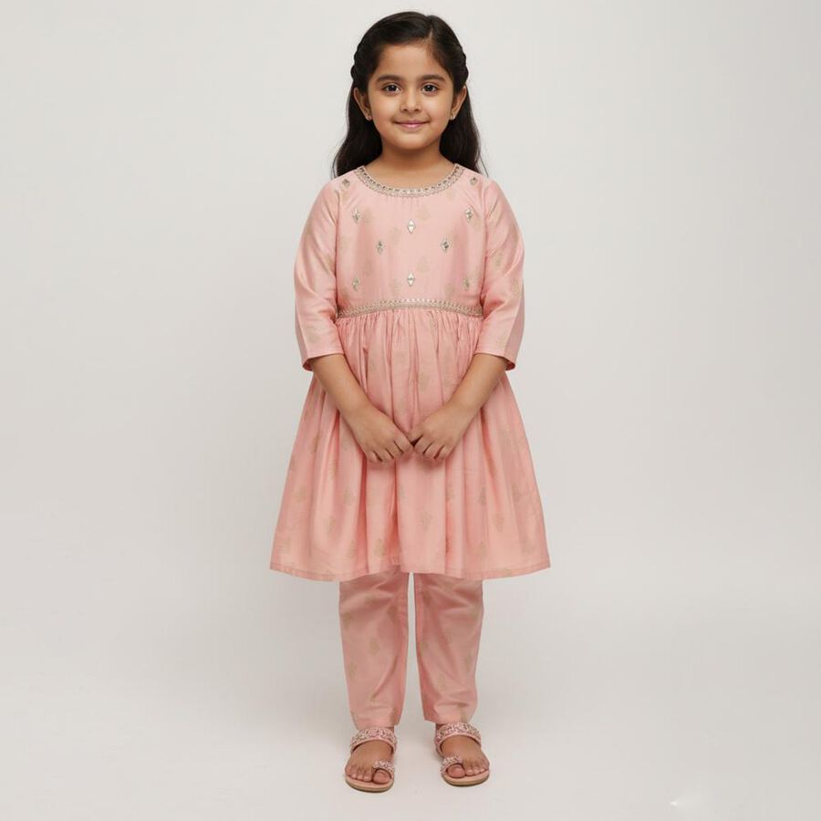Girls Soft Pink Embroidered Kurta and Churidar Fusion Set, Peach, large image number null