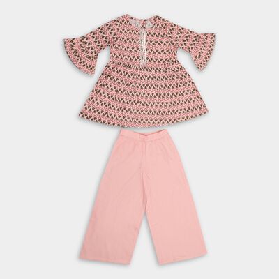 Girls' Soft Pink Floral Printed Top and Pant Fusion Set