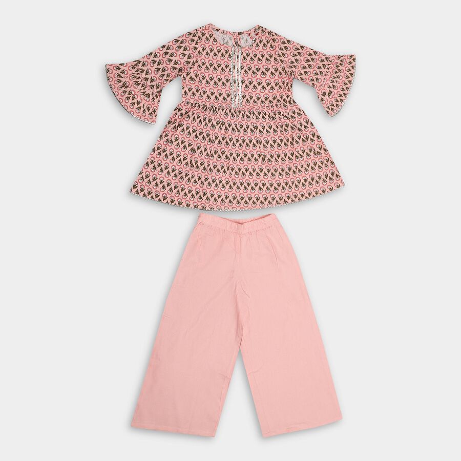 Girls' Soft Pink Floral Printed Top and Pant Fusion Set, हल्का गुलाबी, large image number null