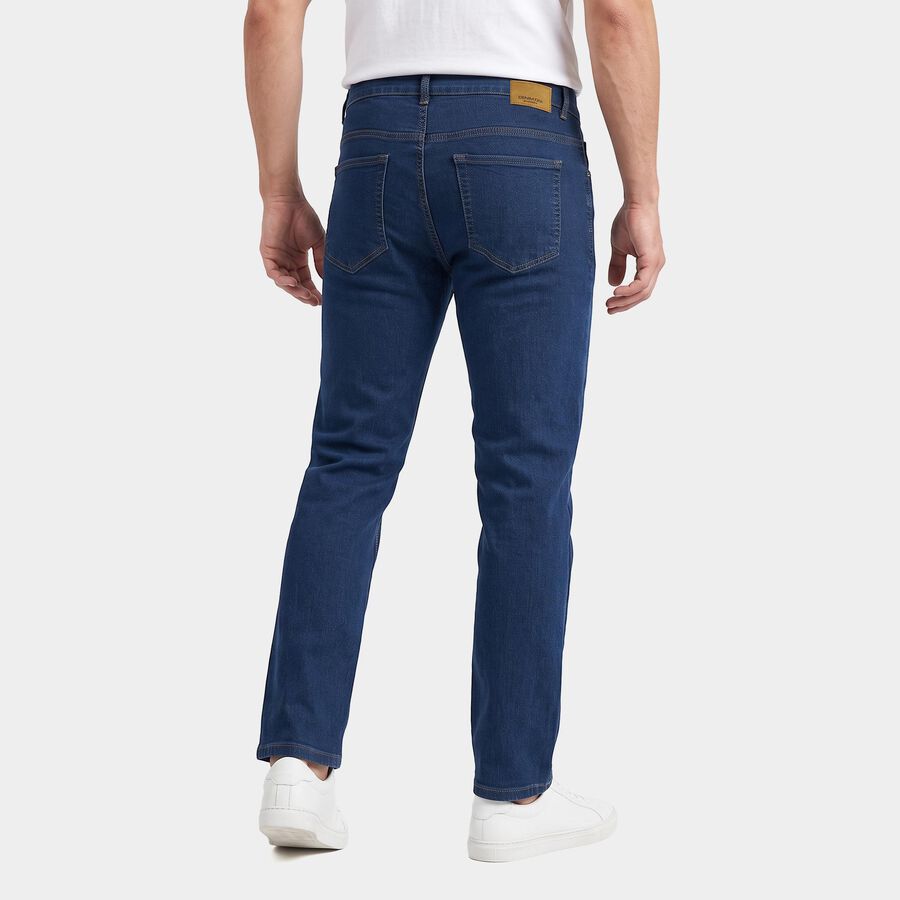 Men's Navy Blue Slim Fit Faded Jeans, मध्यम नीला, large
