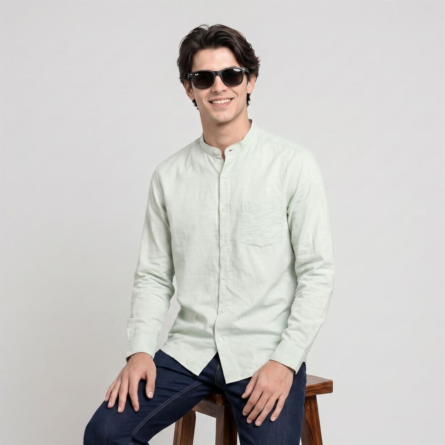 Men's Mint Green Cotton Mandarin Collar Shirt, Light Green, large