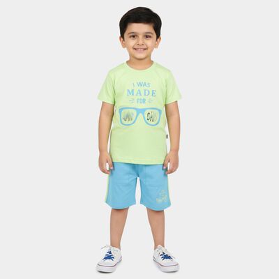 Boys' Light Green Cotton Round Neck Graphic Baba Suit