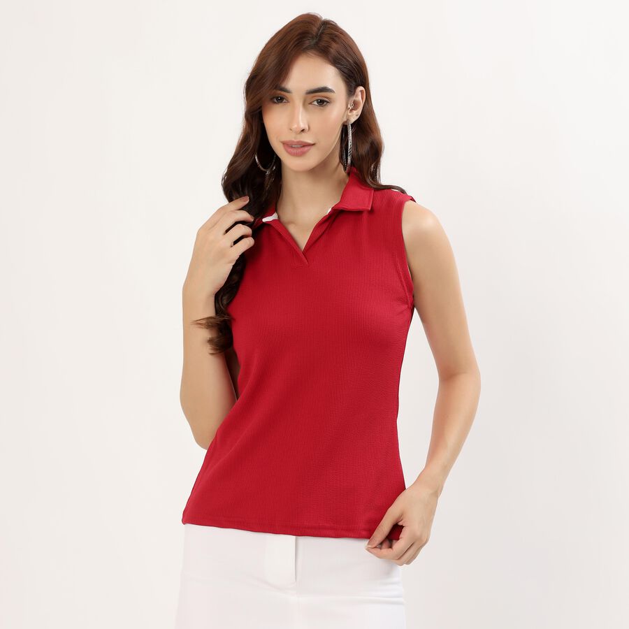 Women's Vibrant Red Polo Collar Sleeveless T-Shirt, Maroon, large image number null