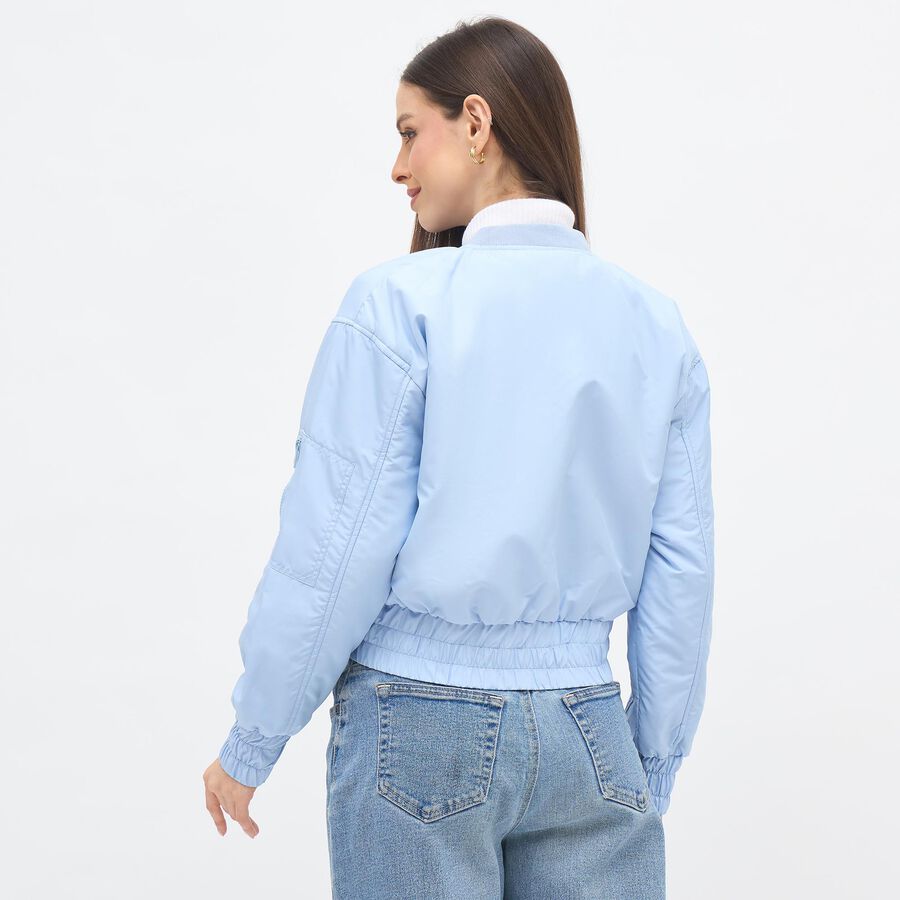 Women's Light Powder Blue Crew Casual Bomber Jacket, हल्का नीला, large image number null