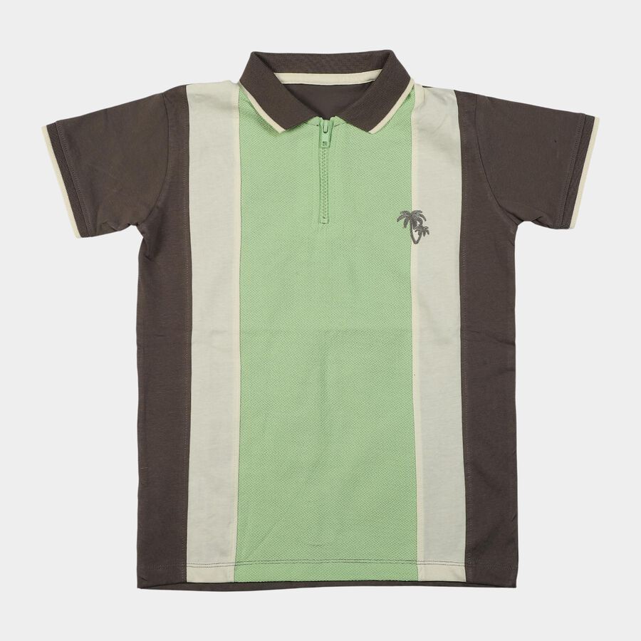 Boys' Charcoal Cotton Polo Neck Colorblocked T-Shirt, चारकोल, large