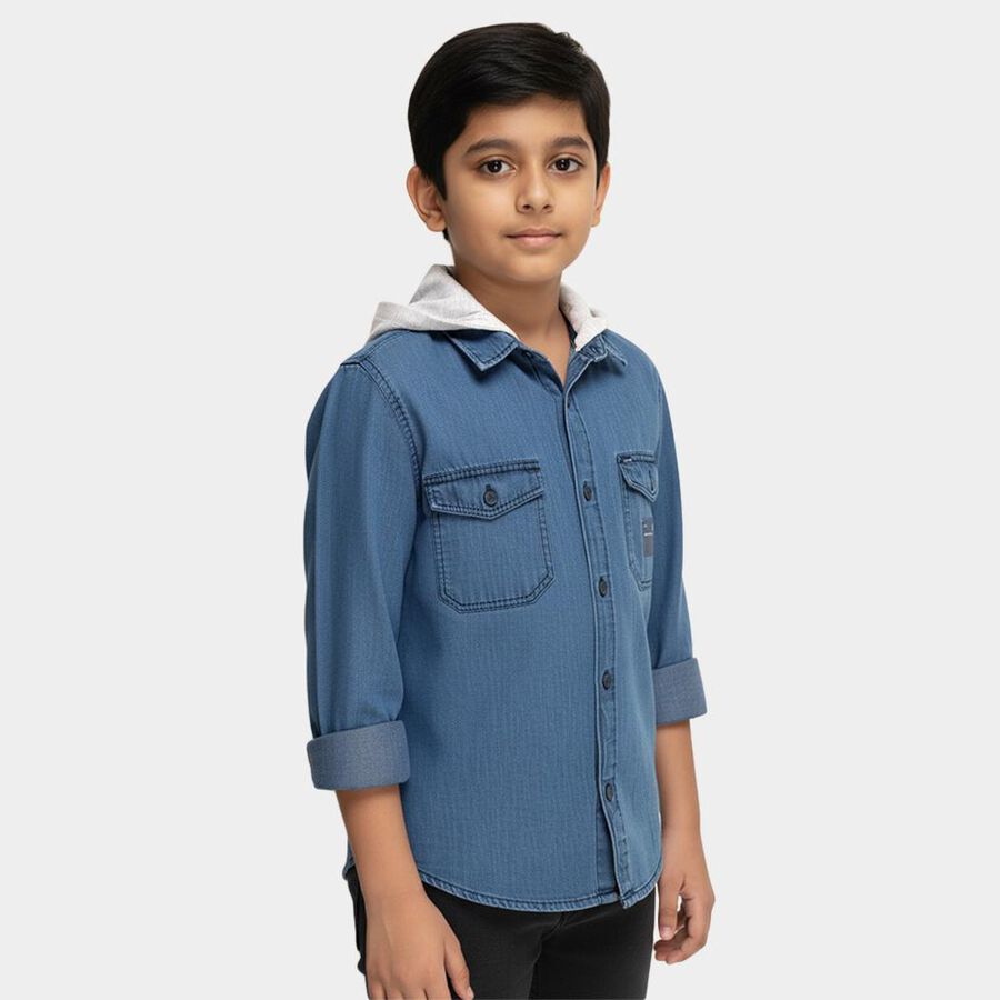 Boys Midnight Blue Hooded Casual Shirt, Mid Blue, large image number null