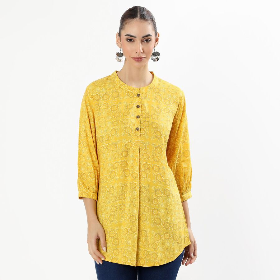 Women's Bright Mustard Yellow Round Neck Floral Printed Kurti, Yellow, large