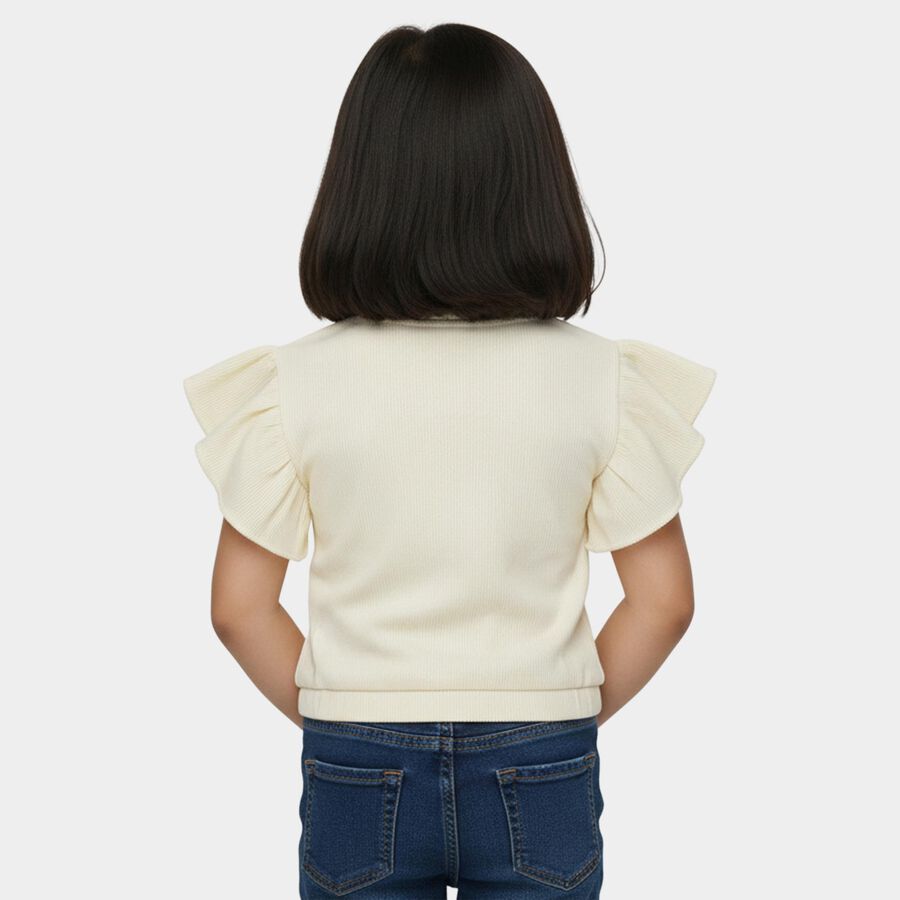 Girls Beige Round Neck Ruffle Sleeve Graphic T-Shirt, Beige, large