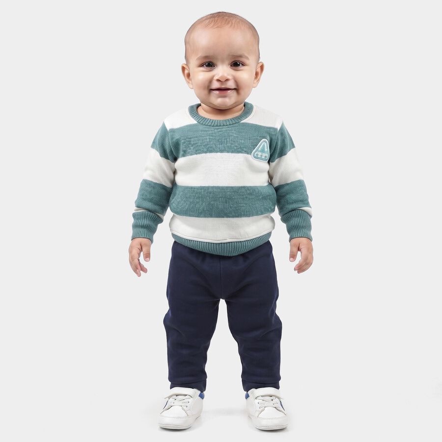 Infants' Teal Crew Neck Striped Pullover, टील ब्लू, large