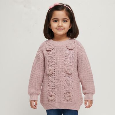 Girls' Light Pink Crew Neck Textured Pullover