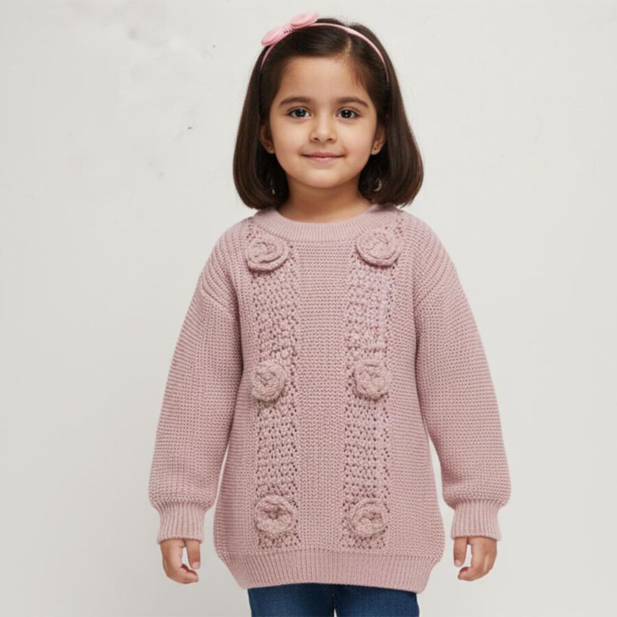 Girls' Light Pink Crew Neck Textured Pullover, हल्का गुलाबी, large image number null