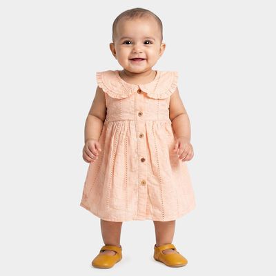 Infants' Peach Sleeveless Fit and Flare Ruffled Collar Frock
