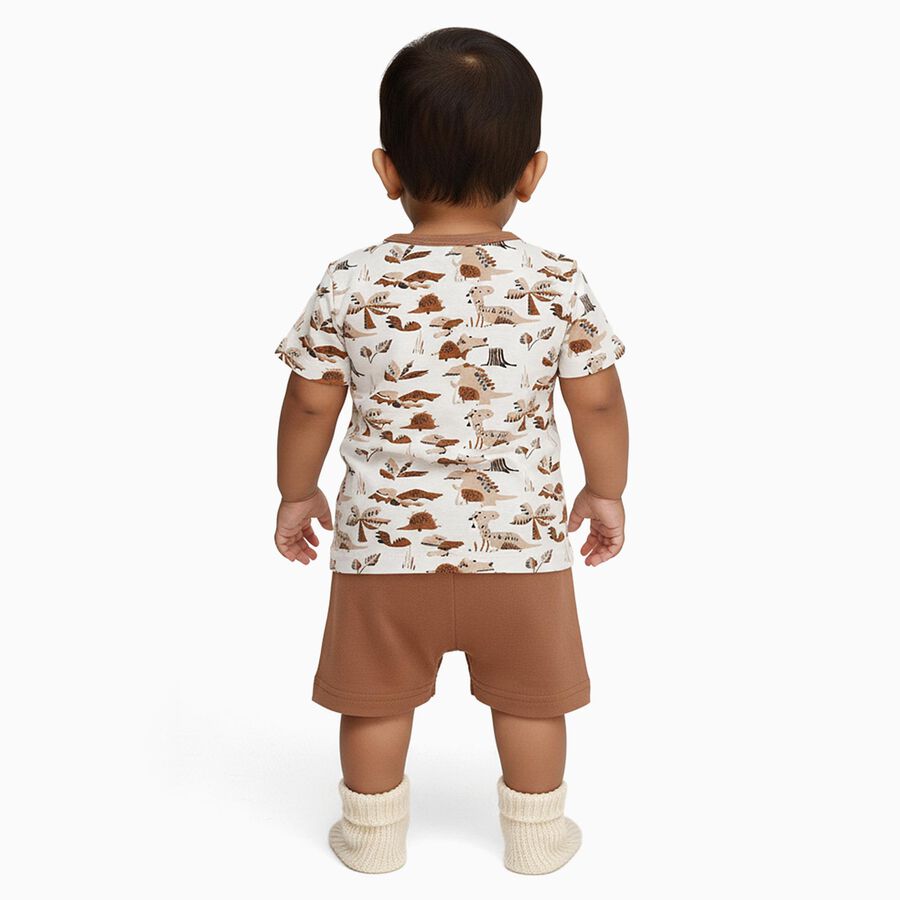 Infants' Beige Cotton Round Neck Printed Baba Suit, Beige, large image number null