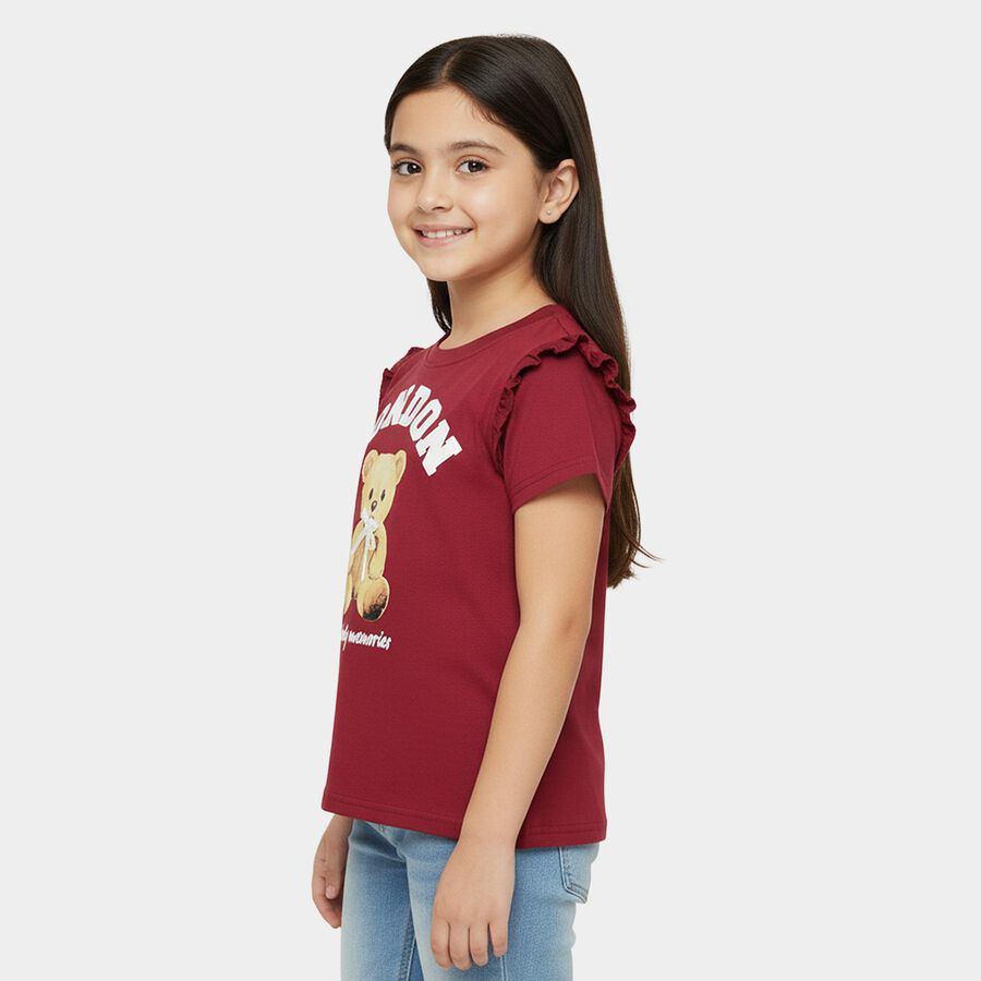 Girls' Maroon Cotton Round Neck Casual T-Shirt, वाइन, large