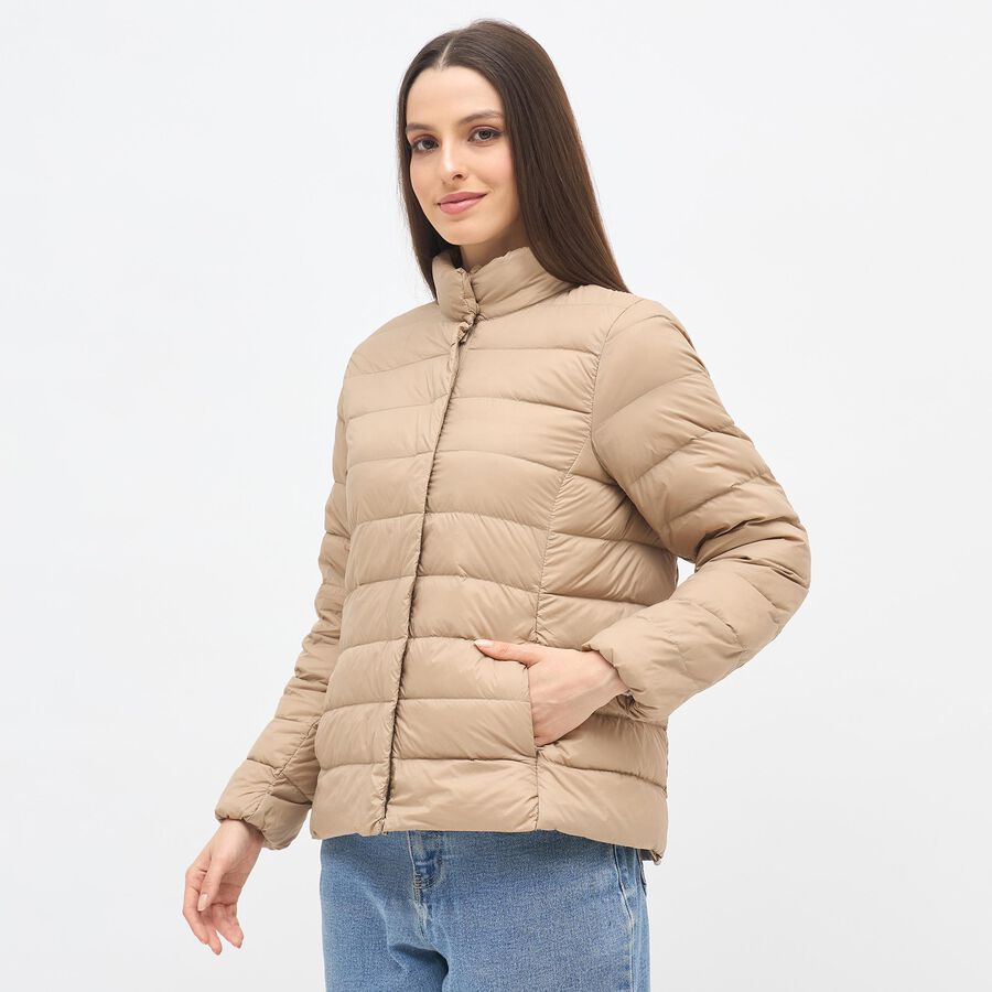 Women's Light Beige High Neck Casual Puffer Jacket, गहरा पीला, large image number null