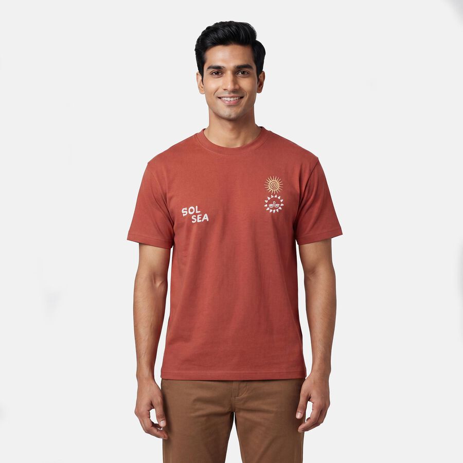 Men's Rust Cotton Round Neck Casual T-Shirt, Rust, large