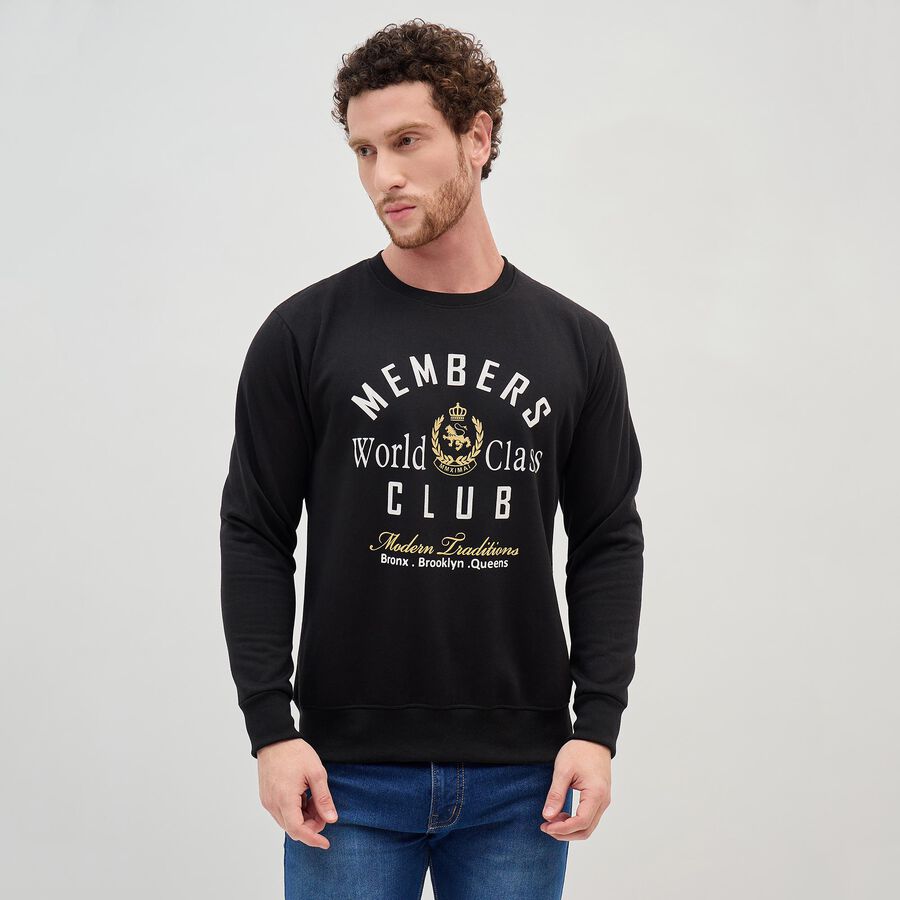 Men's Jet Black Crew Neck Casual Sweatshirt, Black, large image number null