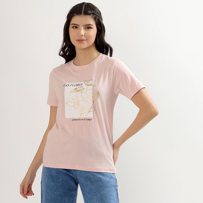 Women's Light Pink Cotton Round Neck Floral Print T-Shirt